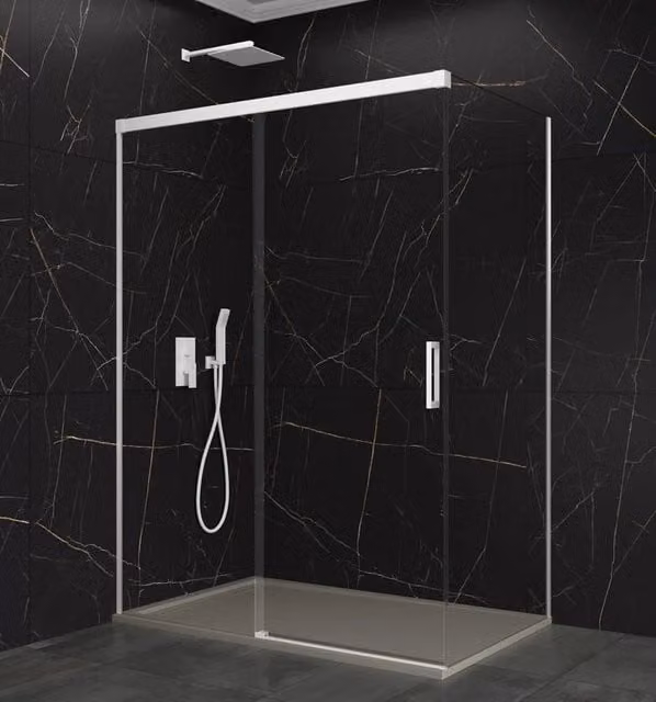 Box doccia angolare BASI con vetro trasparente e profili bianchi, configurazione fissa e scorrevole, L/P: 170 x 80 cm