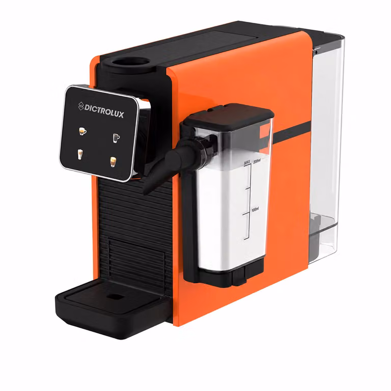 Macchina da Caffè Digitale Dictrolux Express & Milk Orange da 1400 Watt con Display Touch e Compatibilità Capsule Nespresso Original