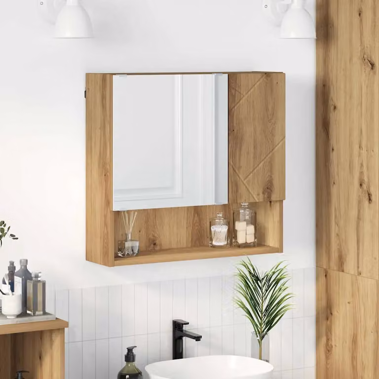 Mobiletto per specchio vidaXL in rovere marrone con ante a battente e ripiani interni, sospeso a parete, L: 59 cm, P: 17 cm, H: 55 cm