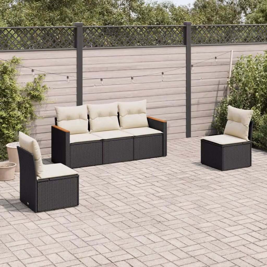 vidaXL Set Divani da Giardino 5 pz in Polyrattan e Legno di Acacia con Cuscini Bianchi e Nero – 1