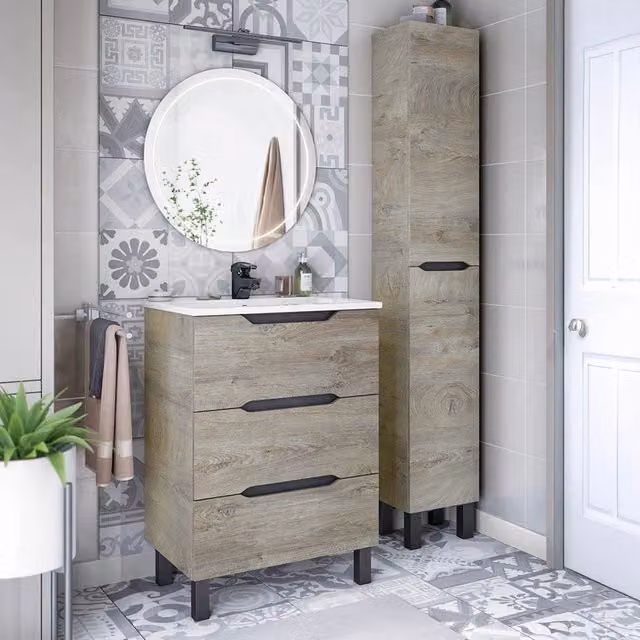 Set Mobili Bagno DMORA Caleta con Mobile Lavabo e Colonna, Marrone Rovere e Grigio Antracite, H 182 x L 60 x P 45 cm