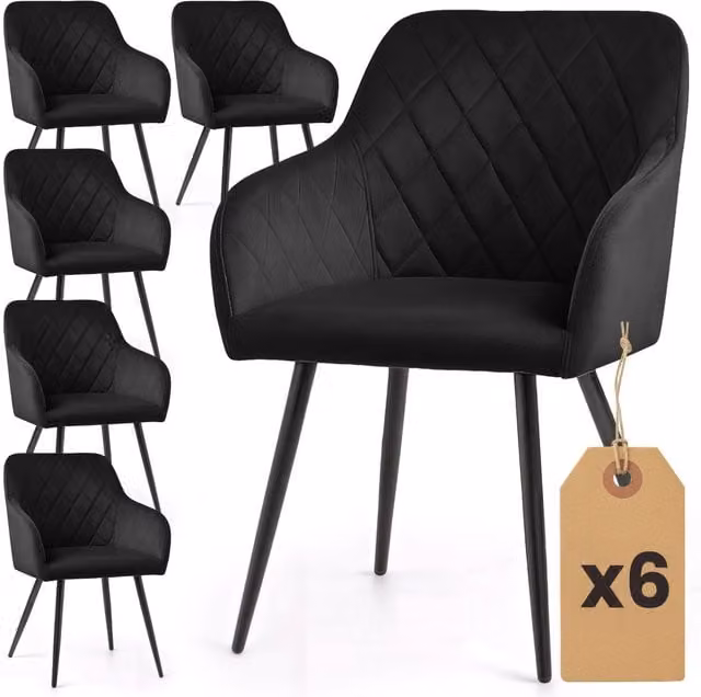 Set di 6 Sedie in velluto con cuciture a rombi VELTO Nero gambe nere