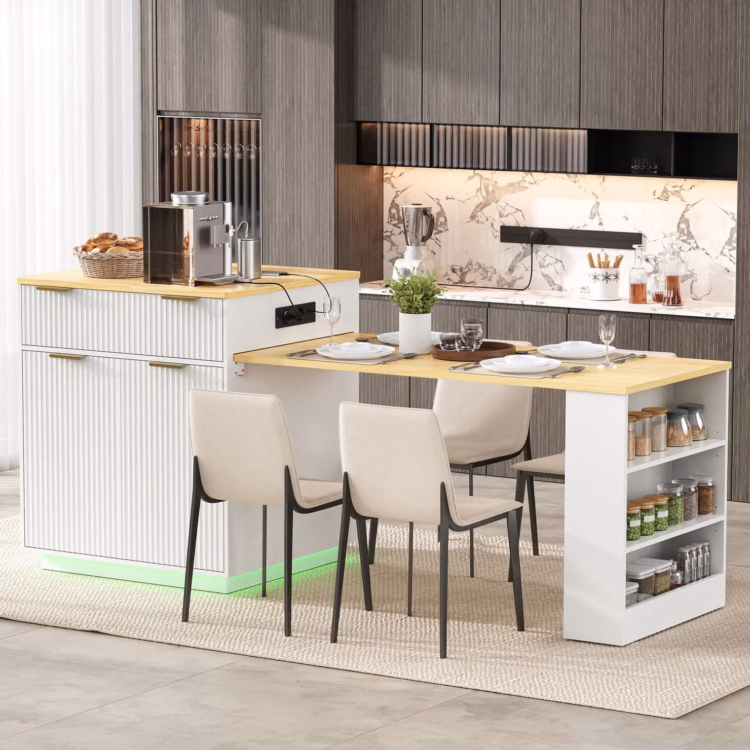 Tavolo da pranzo estensibile con illuminazione a LED e ripiani regolabili, tavolo da cucina con prese elettriche e cassetti, bancone da bar, colore bianco