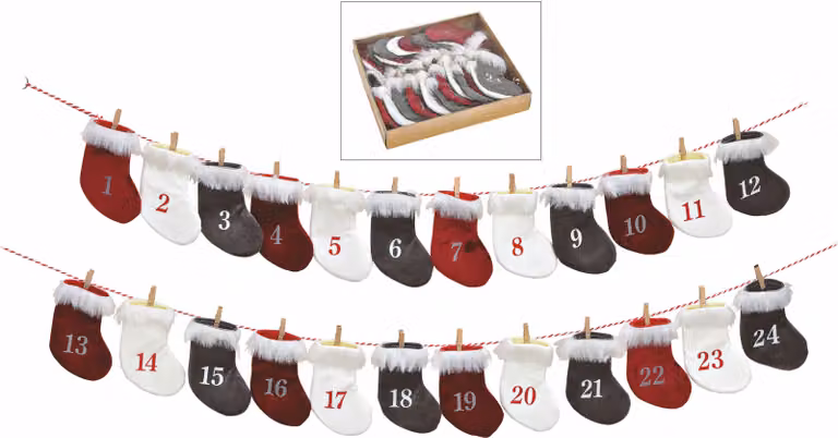 Calze del calendario dell'Avvento con peluche - Catena dell'Avvento su filo con clip