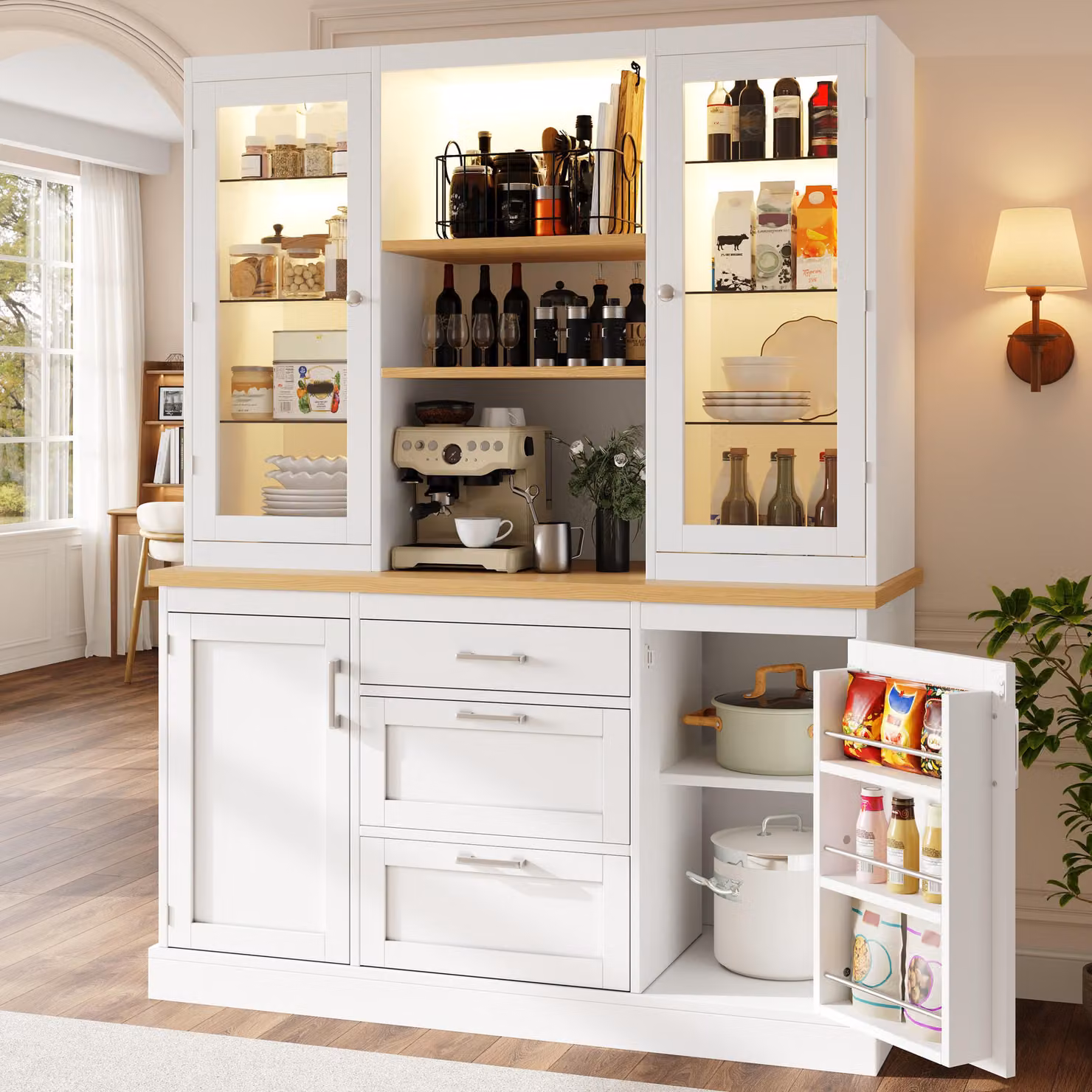 Mobiletto da cucina STILVORA, 185x140x40 cm, con illuminazione LED controllata tramite app, mobiletto buffet con 3 cassetti e piano di lavoro, armadio contenitore con ripiani regolabili
