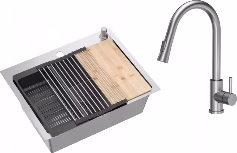 VBChome Lavello in acciaio inox con rubinetteria 58 x 45 cm Acciaio inox spazzolato Set di accessori Dispenser Tagliere Tappetino arrotolabile Scolapiatti pieghevole Sifone