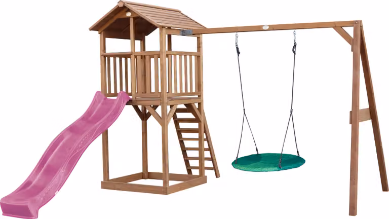 AXI Beach Tower parco giochi in legno in marrone | Torre di gioco per bambini con sabbiera, altalena a nido e scivolo viola | Casa per bambini su palafitte per il giardino