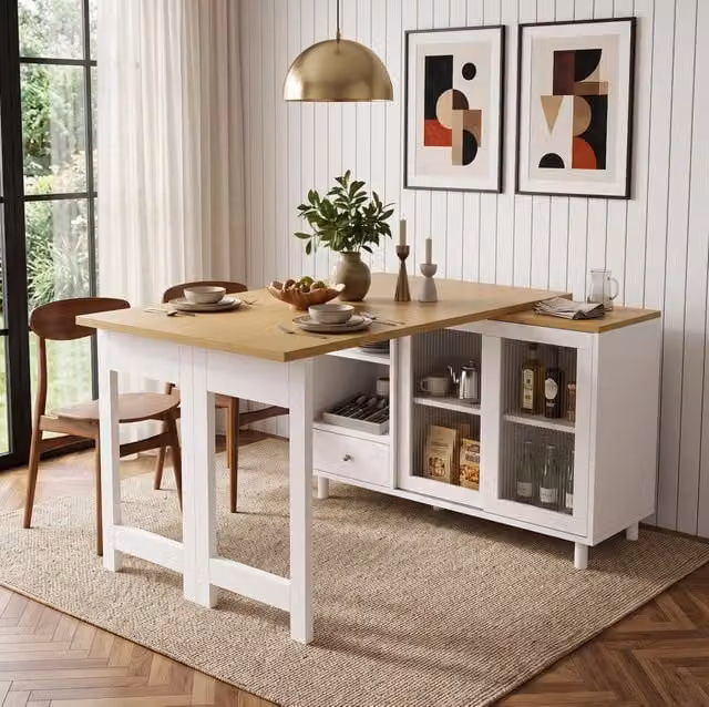 Tavolo da pranzo pieghevole allungabile con contenitore e anta scorrevole; MDF bianco