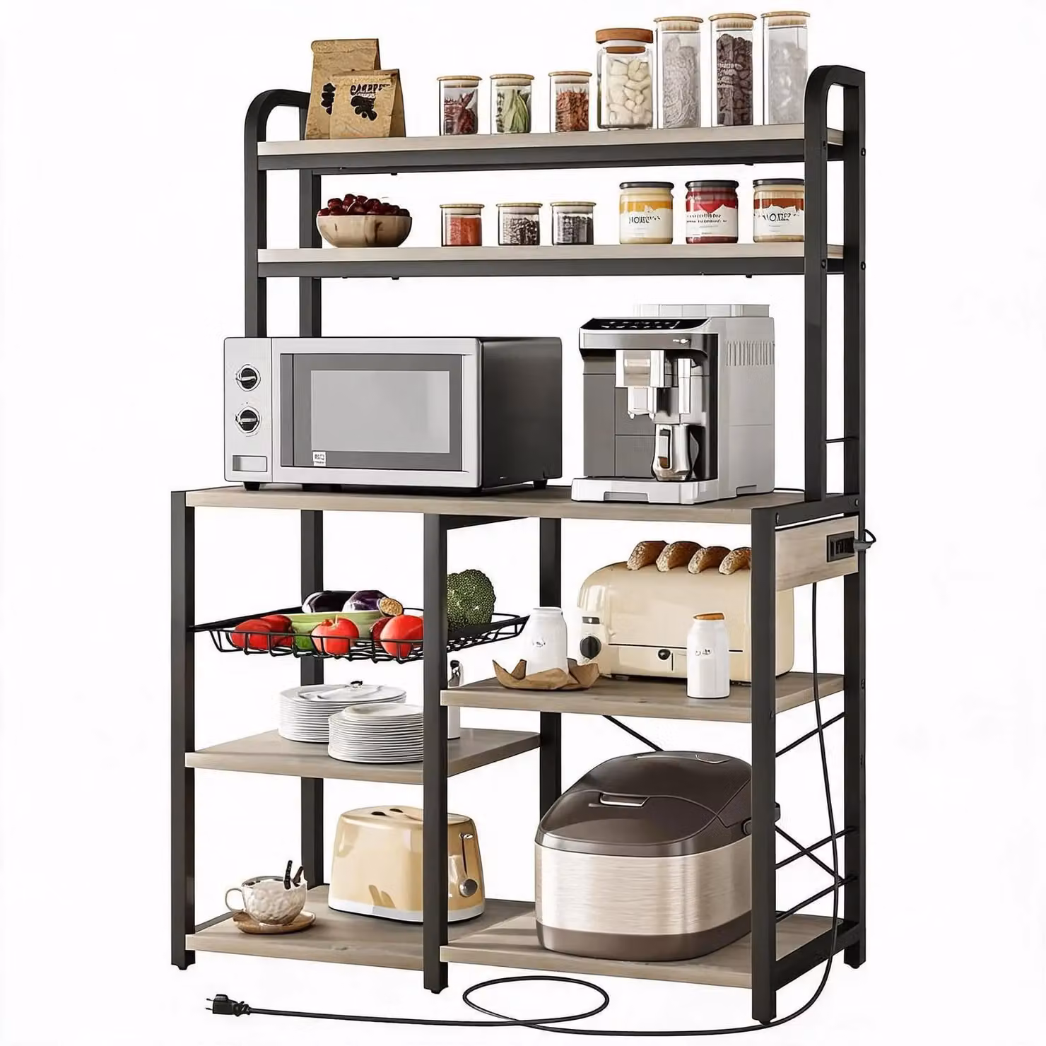 Ripiano per la cucina - Portaoggetti a 6 ripiani - Porta microonde - Angolo caffè - Con presa di corrente - Contenitore con cesto intrecciato - Grigio