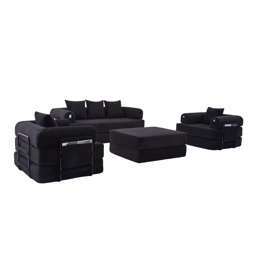 Divano modulare Chicfurn in velluto a coste nero con struttura in metallo e tasca laterale – 2