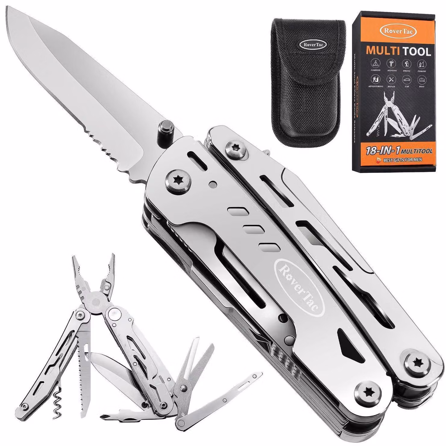 Multitool pieghevole 18-in-1 con pinza, cacciaviti, apriscatole, forbici rimovibili, acciaio inossidabile, colore argento, completo di custodia in nylon