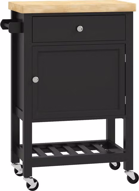 HOMCOM Carrello da Cucina su Ruote, Carrello di Servizio con Piano in Legno di Hévéa e Cassetto, 63,5x40x90 cm, Nero   Aosom Italy