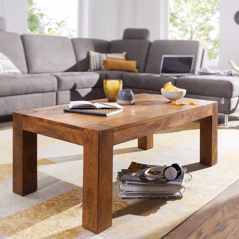 FineBuy Tavolino da caffè in legno massiccio Sheesham 110cm - Tavolo rettangolare da salotto in vero legno - Tavolo da divano fatto a mano dal design rustico