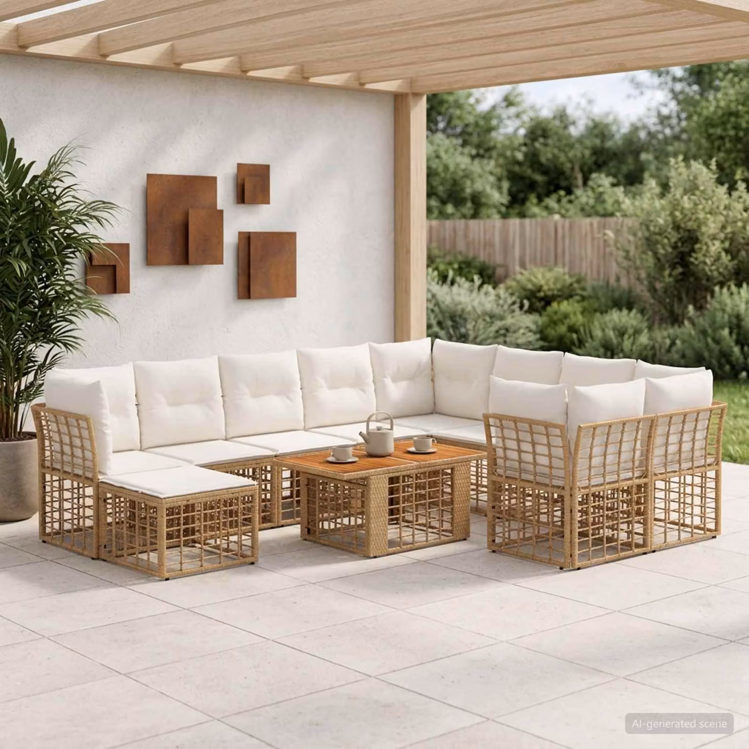 vidaXL Set Divano da Giardino 11 pz in Polyrattan con Tavolino e Ottoman, Colore Naturale e Bianco Crema