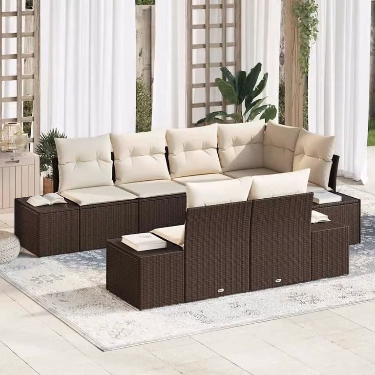 Set Divano da Giardino a L vidaXL in Polyrattan con Cuscini Marrone e Beige