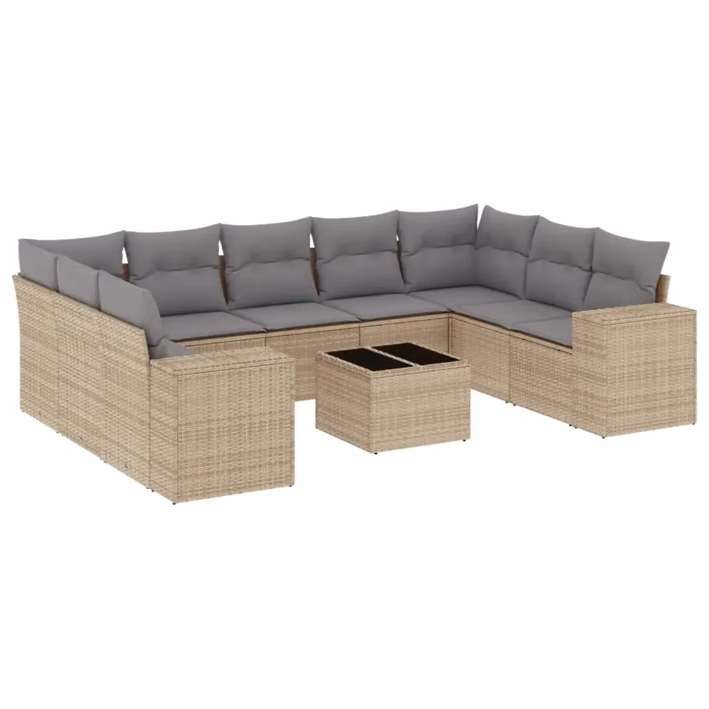 vidaXL Set Divano da Giardino 10 pz con Cuscini Beige e Tavolino in Polyrattan e Acciaio – 2