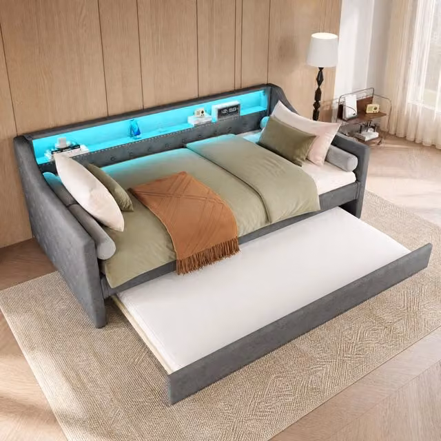 Letto da giorno 90x200 cm con letto estraibile; rete a doghe; LED e USB; grigio