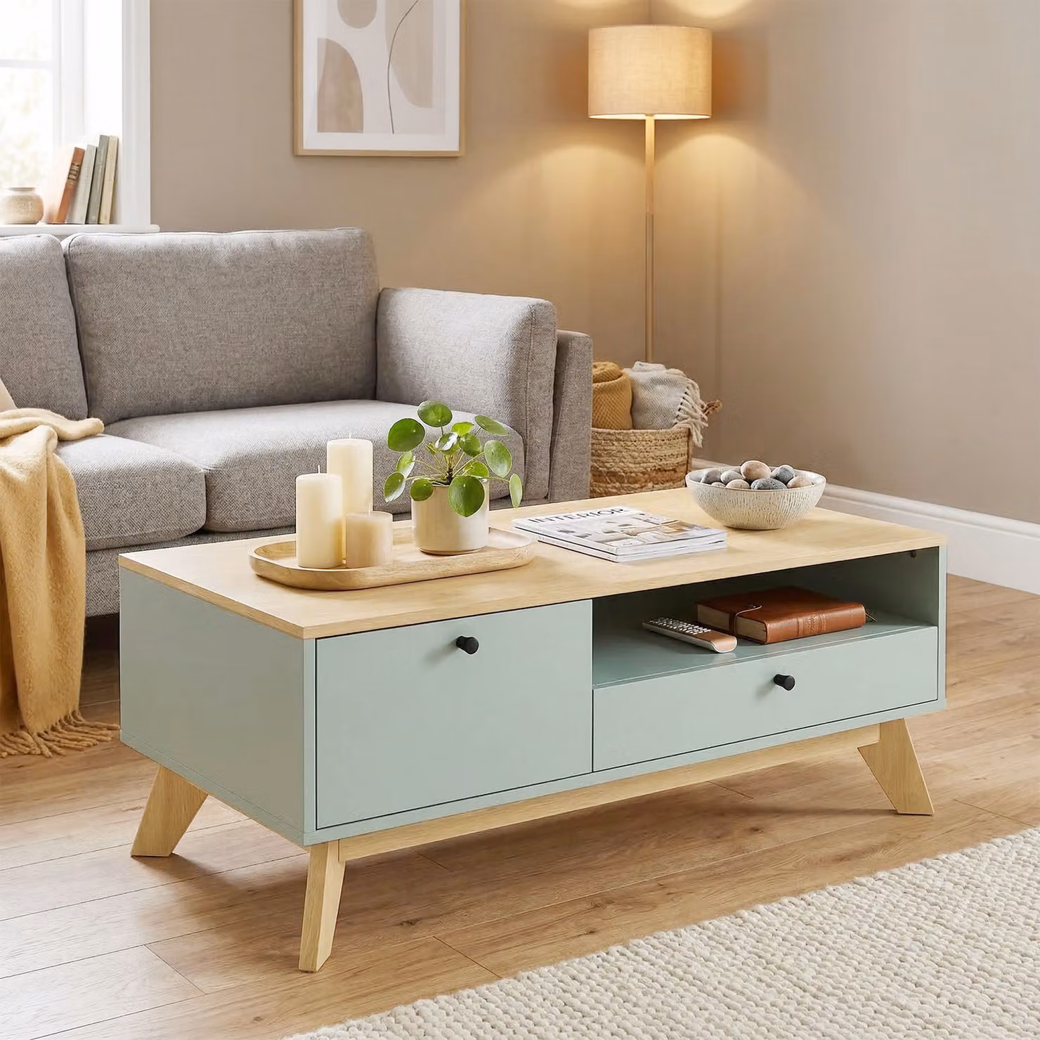 Tavolino da salotto rettangolare HOMCOM con cassetto, anta e scomparto aperto, verde e rovere – 2