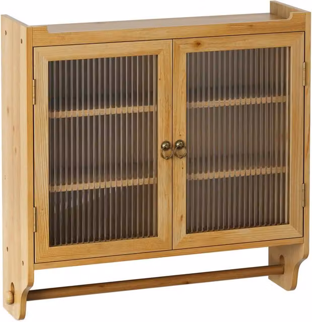 Pensile B&F con ante in vetro e porta asciugamani, spazio di archiviazione a tre livelli per bagno, cucina o sala da pranzo, L: 63 cm, P: 18 cm, H: 60 cm, Colore marrone/beige