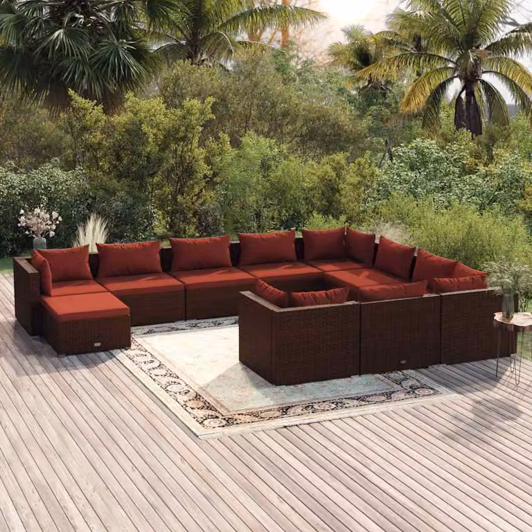 Set di divani da giardino vidaXL 11 pezzi in rattan marrone con cuscini e struttura in acciaio verniciato a polvere