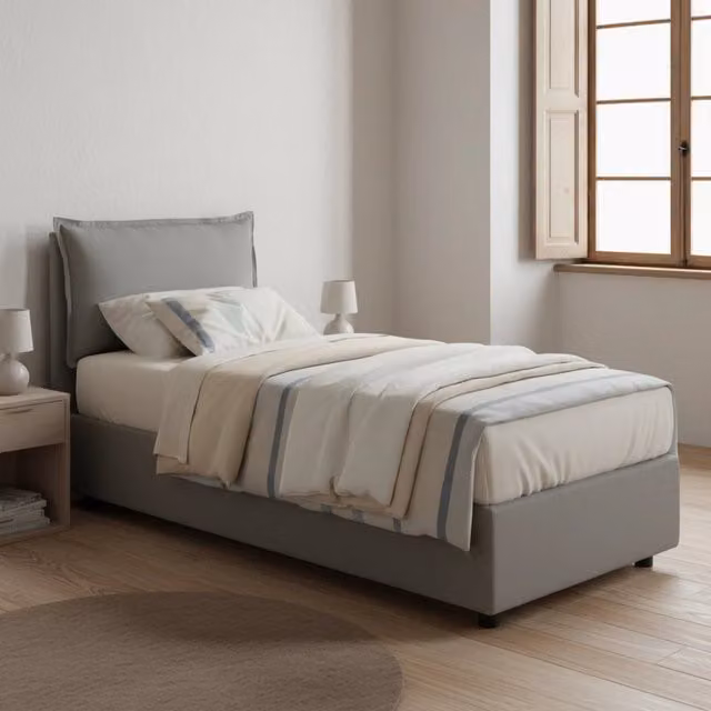 Letto singolo contenitore Talamo Italia con rivestimento in tessuto grigio, apertura a sollevamento, adatto per materasso 80x190 cm – 1