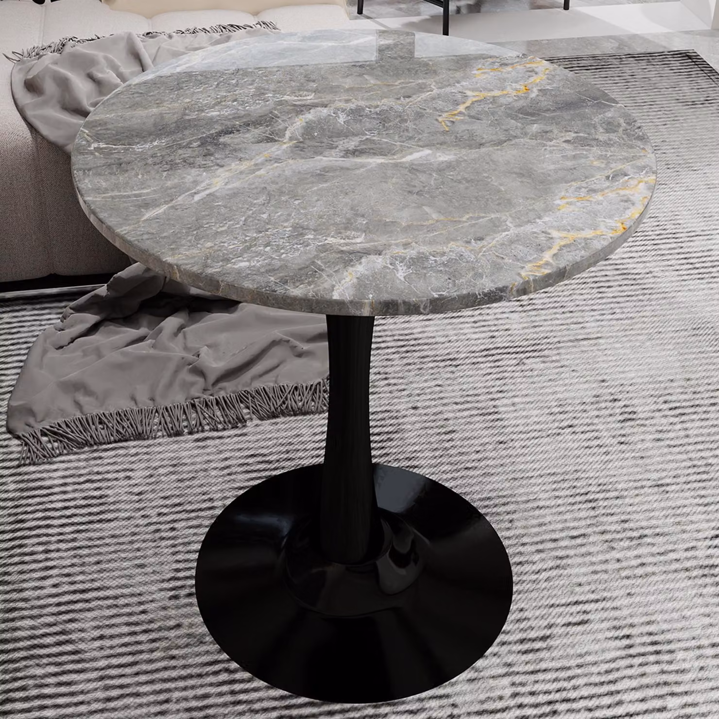 okwish tavolino da caffè tavolino da pranzo con diametro di 70 cm e in stile mid-century modern, tavolino da cucina con venature grigio intenso per 2-4 persone, nero + grigio