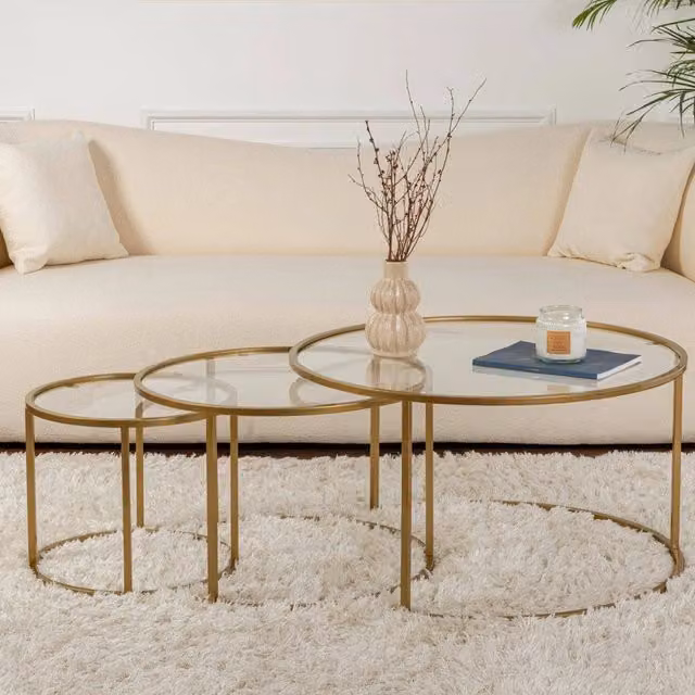 Tavolino da salotto Rowan DMORA con cassetti, rotondo, oro e vetro trasparente, L: 80 cm, P: 80 cm, H: 43 cm