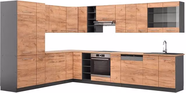 Cucina angolare moderna Vicco Fame-Line in rovere e antracite con ante soft-close L/P/H: 347 x 257 x 206,8 cm