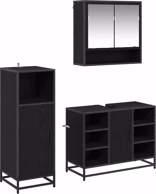 Set di mobili per il Bagno | Armadio da bagno 3 pz Rovere Nero Legno multistrato