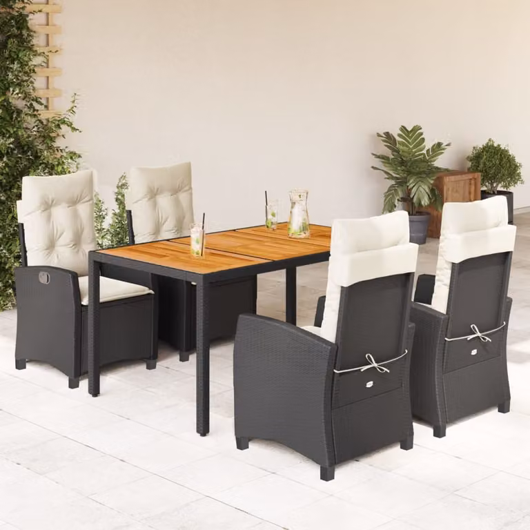 Set da pranzo da giardino vidaXL in legno di acacia oliato e polyrattan con 5 pezzi, nero e bianco
