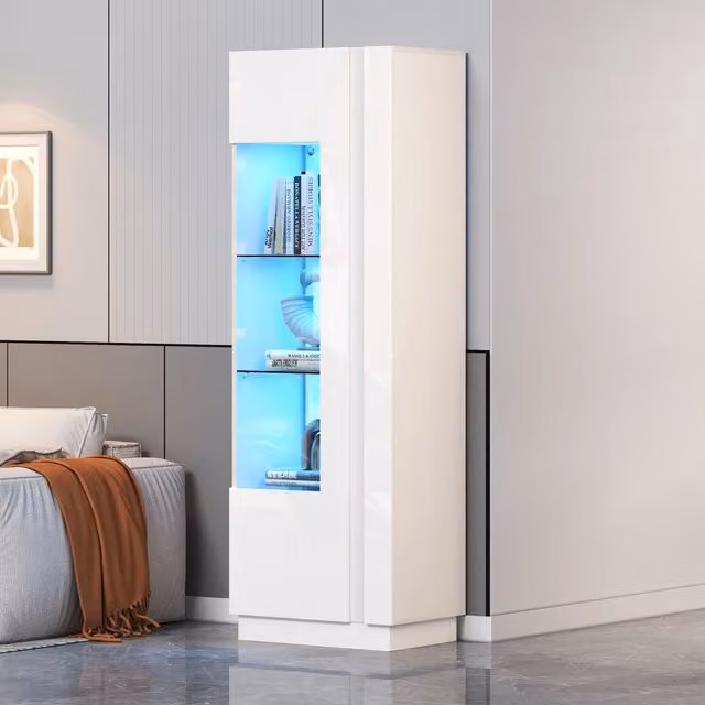 Vetrina OKWISH moderna con ante in vetro e illuminazione integrata, finitura bianca lucida, per soggiorno, L: 60 cm, P: 40 cm, H: 180 cm