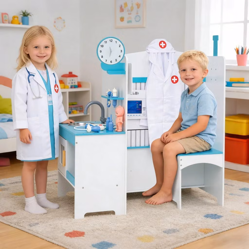Set dottore in legno per bambini con lavandino e monitor ECG, 27 accessori multicolore per l'apprendimento cognitivo e sociale, ideale per età 3-6 anni – 2