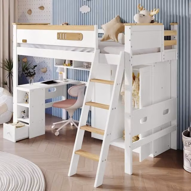 Letto a soppalco singolo 90 × 200 cm con scrivania, armadio e ripiani, senza materasso, bianco naturale