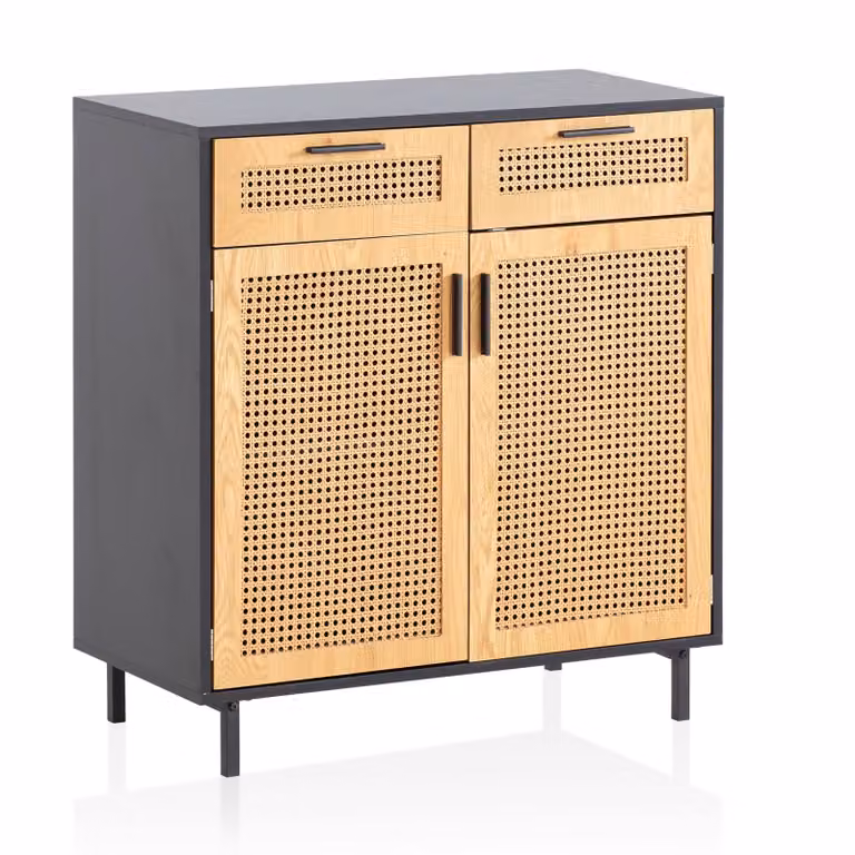 Credenza 80x86,5x40 cm cassettiera nera con vimini viennese, cassettiera alta senza tempo, mobile da soggiorno a terra con 2 ante e cassetti, credenza in rattan | Wohnling