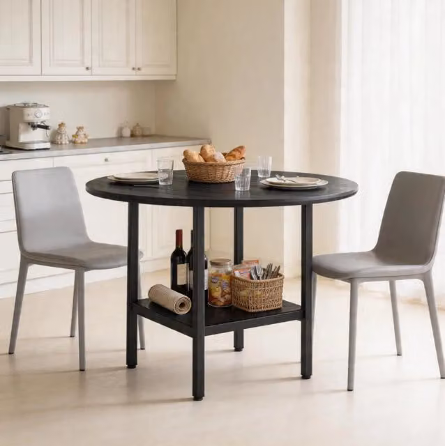 Tavolo da pranzo rotondo moderno MODFU nero con doppio ripiano portaoggetti in MDF e metallo, Diametro: 100 cm, Altezza: 77 cm