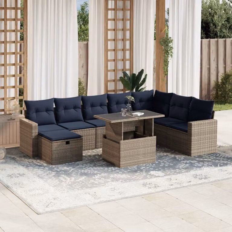 Set di divani da giardino vidaXL 9 pezzi in polyrattan con cuscini grigi e blu, design moderno a forma di L con tavolino e pouf, struttura in metallo resistente ai raggi UV
