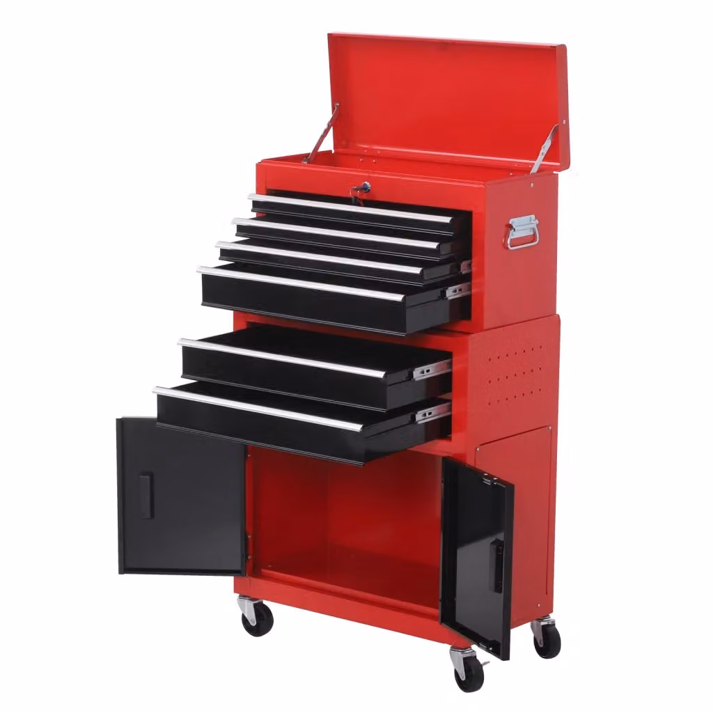 Cassettiera Minimal con 6 cassetti in acciaio rosso e nero, con ruote e chiusura di sicurezza, L: 68 cm, P: 39 cm, H: 73 cm – 2