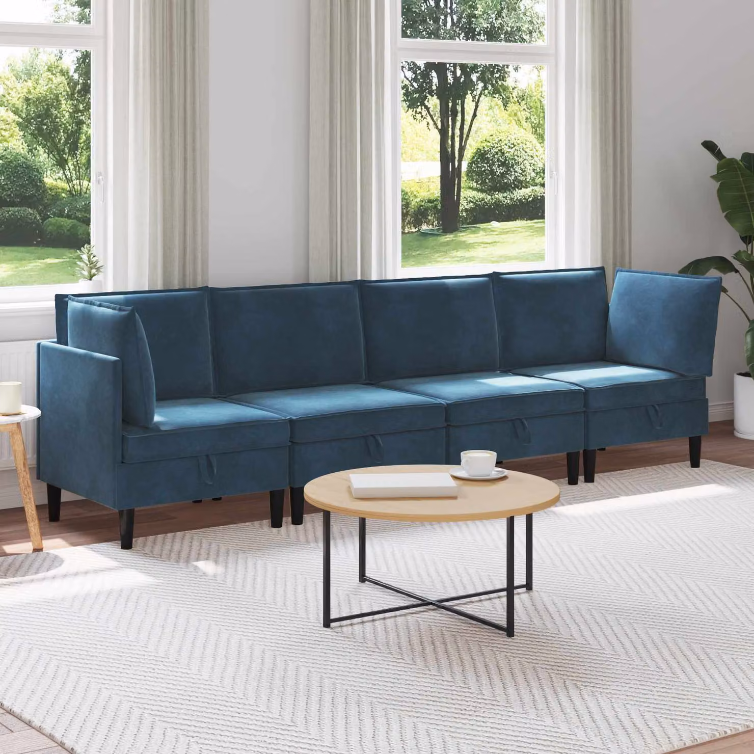 Set di mobili per il soggiorno vidaXL in velluto blu, composizione a L con 4 pezzi e cuscini inclusi