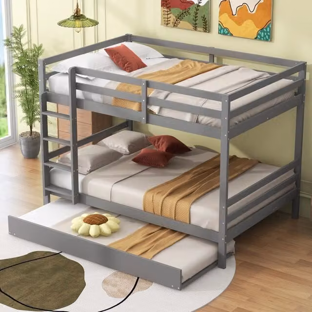 Letto a castello a 3 posti 140 × 200 cm con letto estraibile, scala e sponde alte, senza materasso, pino grigio