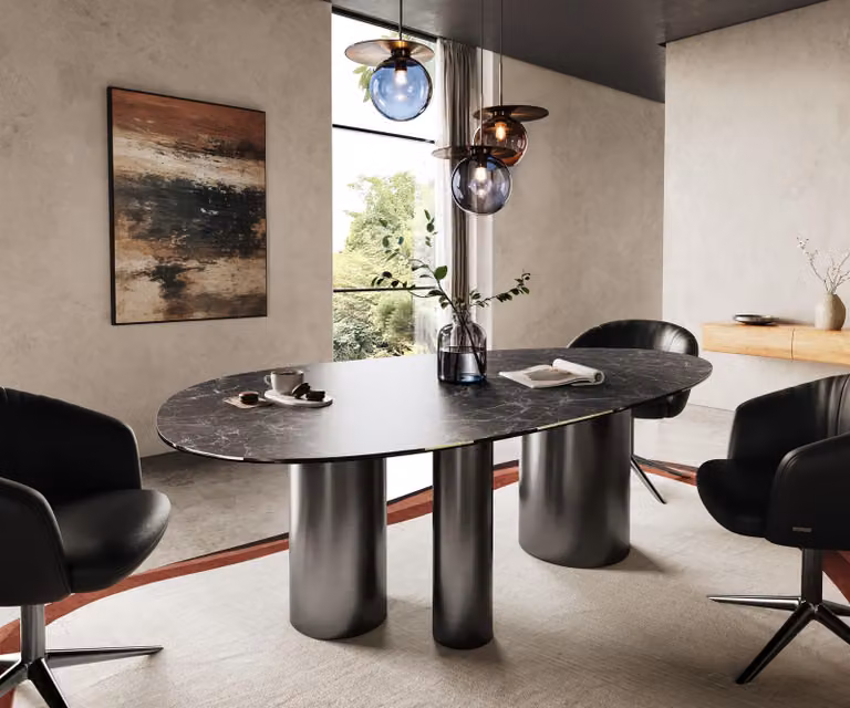 DELIFE Tavolo da pranzo Edge ovale, 220x120 cm, piano in laminato ceramico Laminam® nero "Greco", gambe in acciaio inossidabile grafite, modello Troa