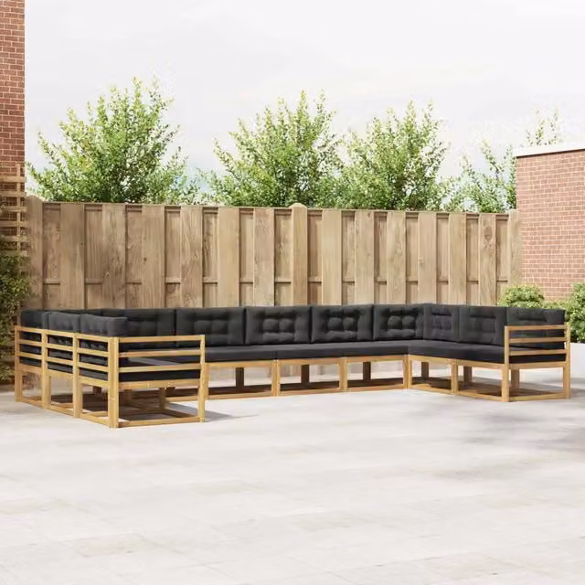 Set di divani da esterno a forma di U vidaXL in legno di acacia con cuscini bianchi e antracite