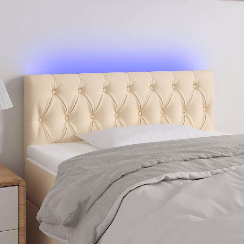 Testiera per letto vidaXL in tessuto beige con illuminazione LED e porta di ricarica USB, L 90 cm, P 7 cm, H 78-88 cm