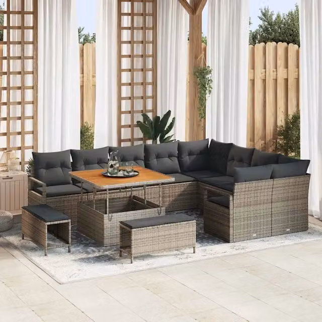 Set Divano da Giardino vidaXL 12 Pezzi Grigio con Poltrone, Elementi Angolari, Ottoman e Tavolino, Design Moderno a Forma di U con Struttura in Metallo e Cuscini Inclusi – 1