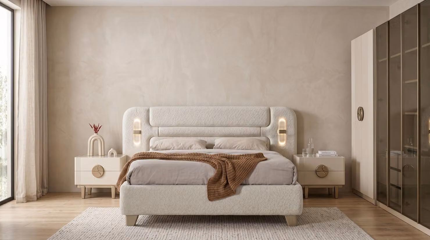 Set per camera da letto: letto, 2 comodini, armadio. Stile moderno, colore beige