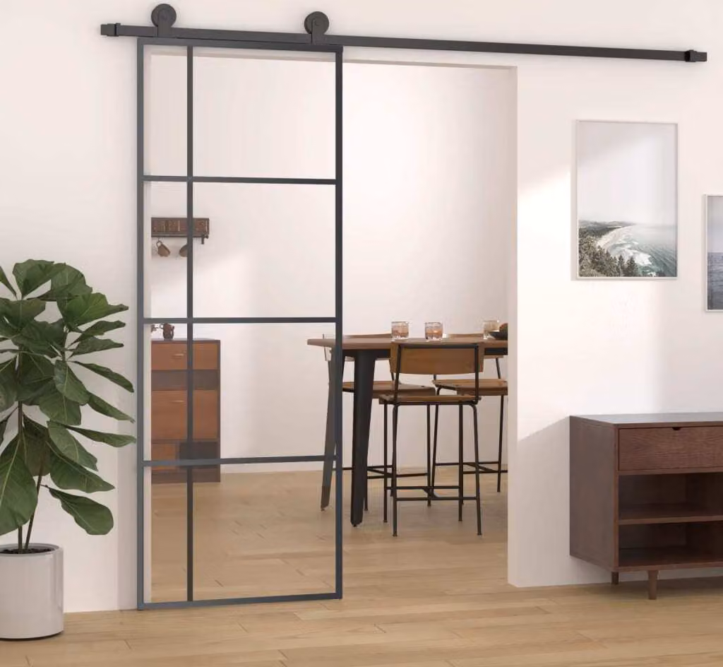 The Living Store Porta scorrevole ESG in vetro e alluminio 76x205 cm Nero