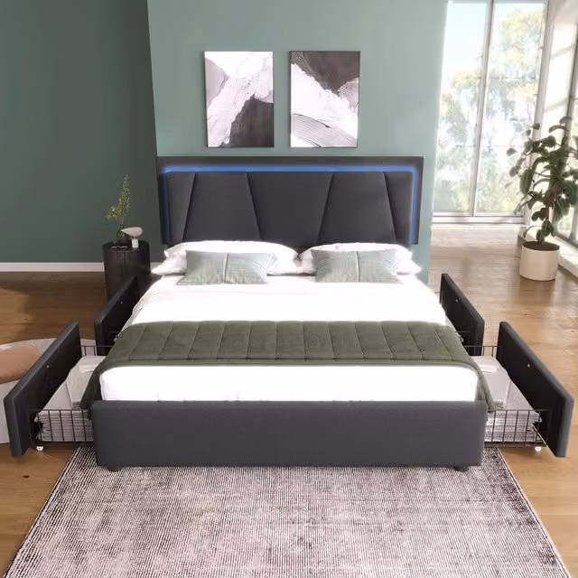 Letto Contenitore Imbottito con LED ¨C MINIMAL ¨C Grigio, 140x200, 4 Cassetti, Testiera Regolabile