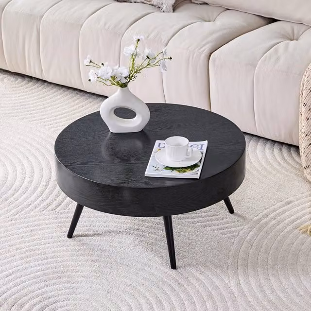Tavolino basso rotondo MIVRAY con piano in MDF effetto legno nero e gambe in metallo, Diametro: 70 cm, Altezza: 35.5 cm