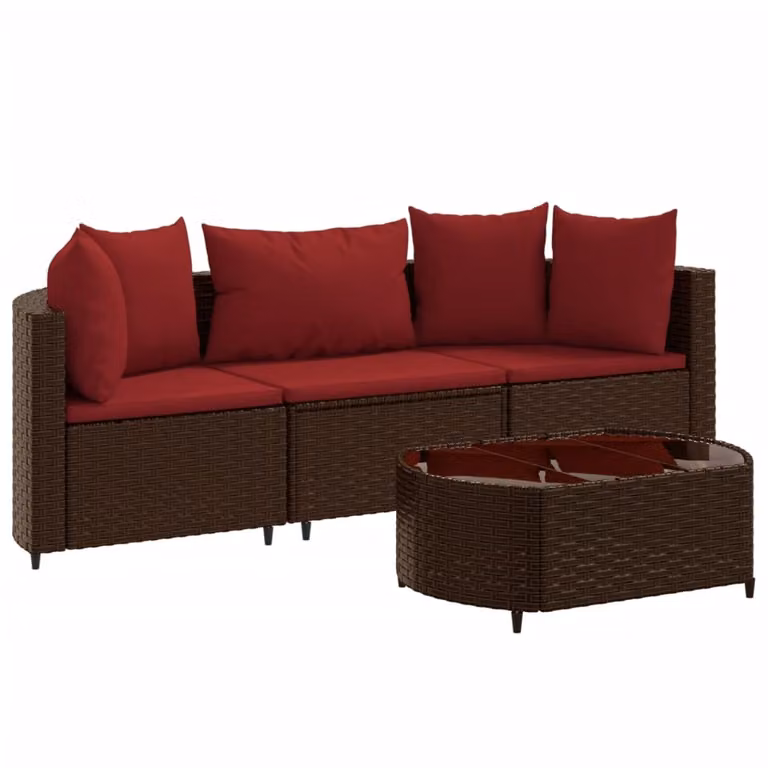 Set Divano da Giardino 4 pz con Cuscini Marrone in Polyrattan