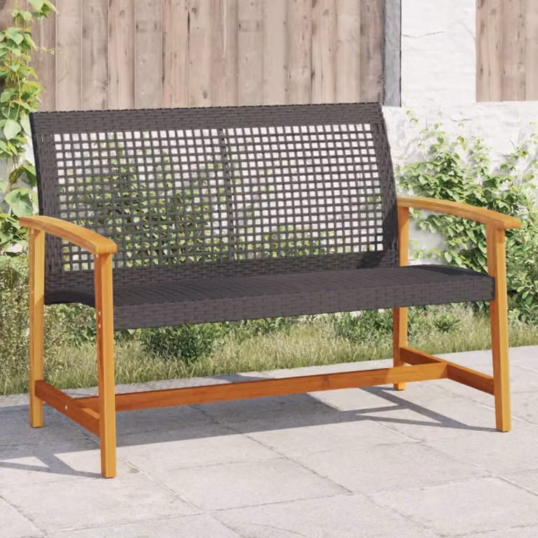 Panca da giardino moderna vidaXL in rattan e legno di acacia con braccioli, colore nero e marrone, L: 112 cm