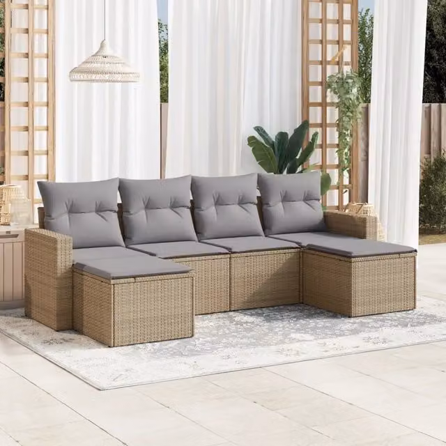 Set Divano da Giardino Moderno a L VIDAXL in Polyrattan con Cuscini Beige e Grigio, 6 Posti